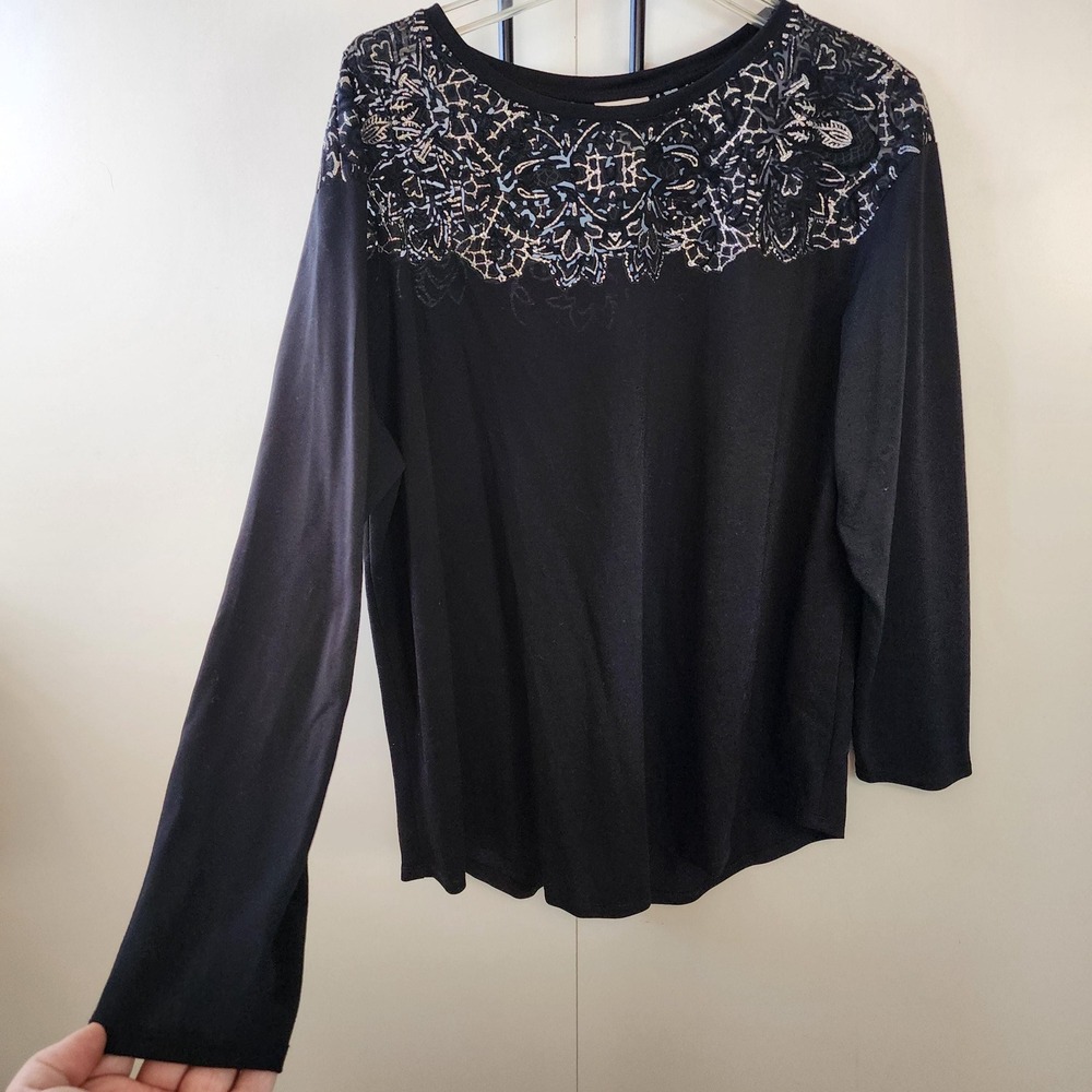 1X black long sleeve top with sheer and silver collar bone area